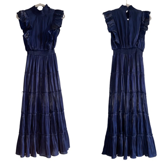 Take a Glance Navy Blue Tiered Mock Neck Midi Dress - S - Picture 3 of 6